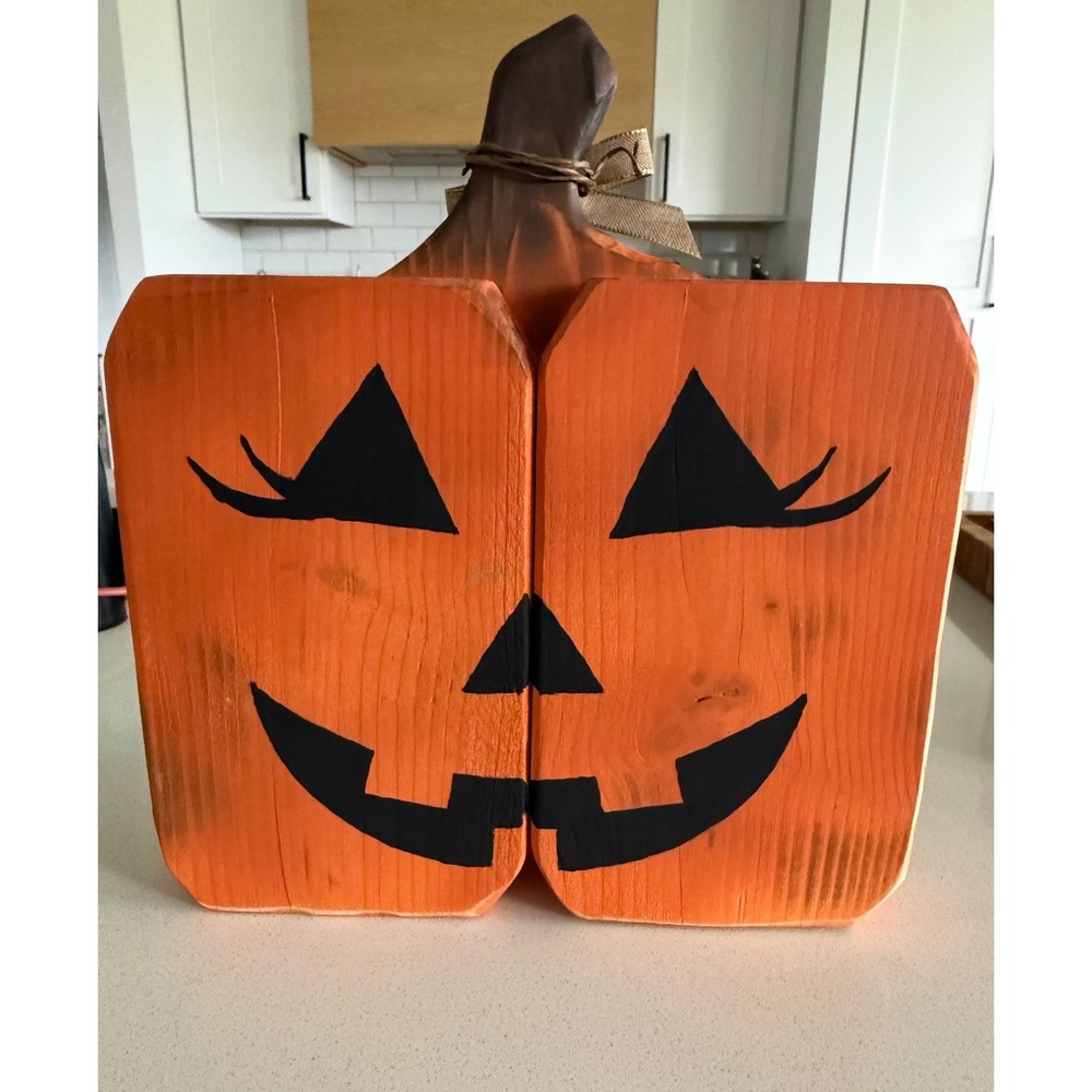 Rustic Wooden Pumpkin Jack-O-Lantern Fall Halloween Decor Hand Painted 11 Inch